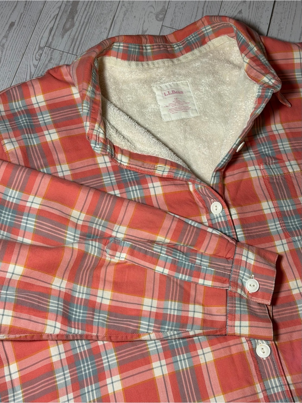 L.L.Bean Women’s 1X Plaid Fleece Lined Shirt Jacket Sherpa Cotton Button Front